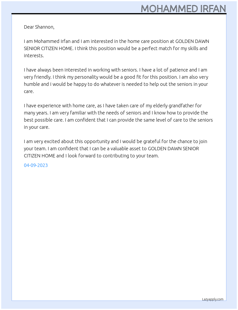 Home care At GOLDEN DAWN SENIOR CITIZEN HOME Cover Letter