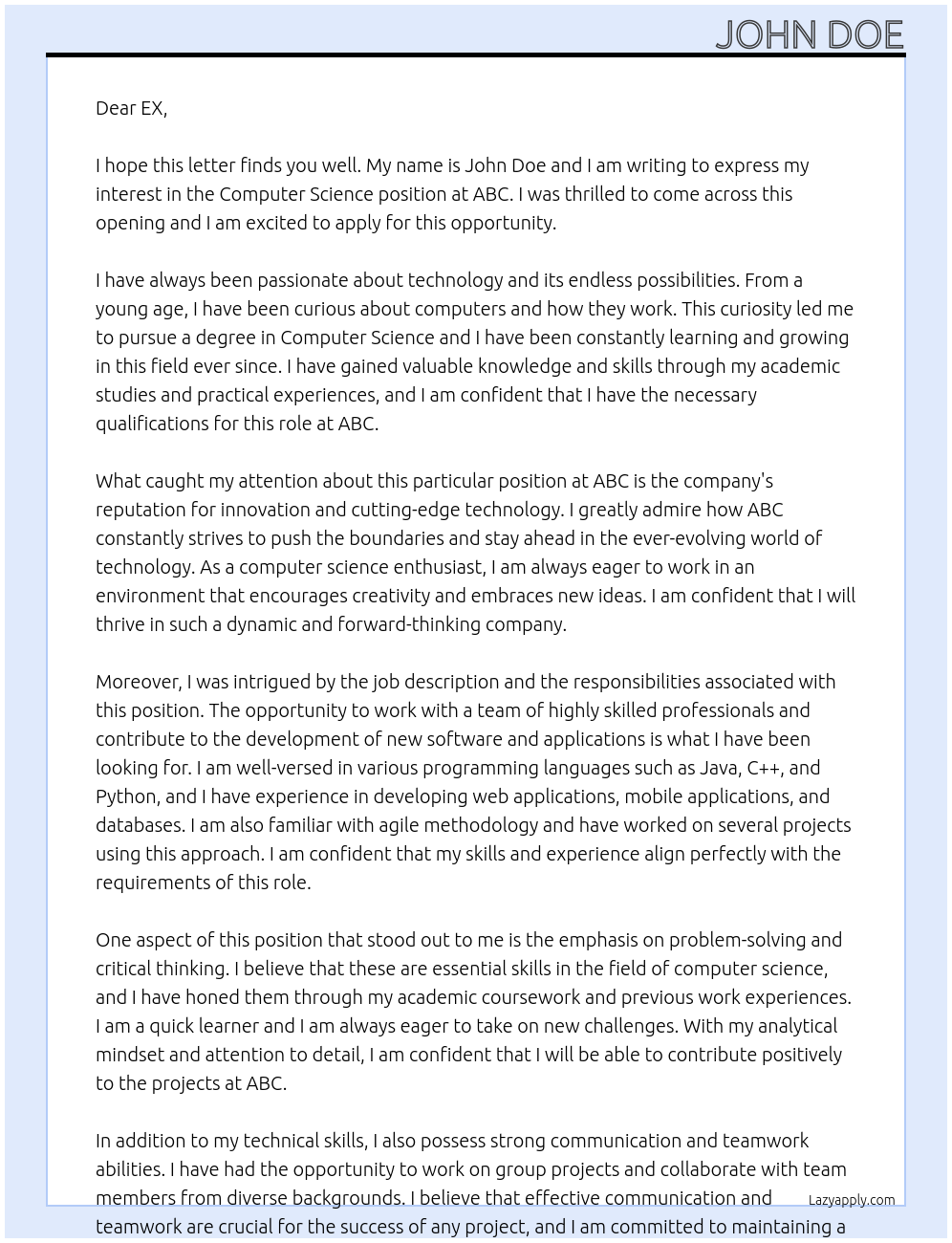 computer science At ABC Cover Letter