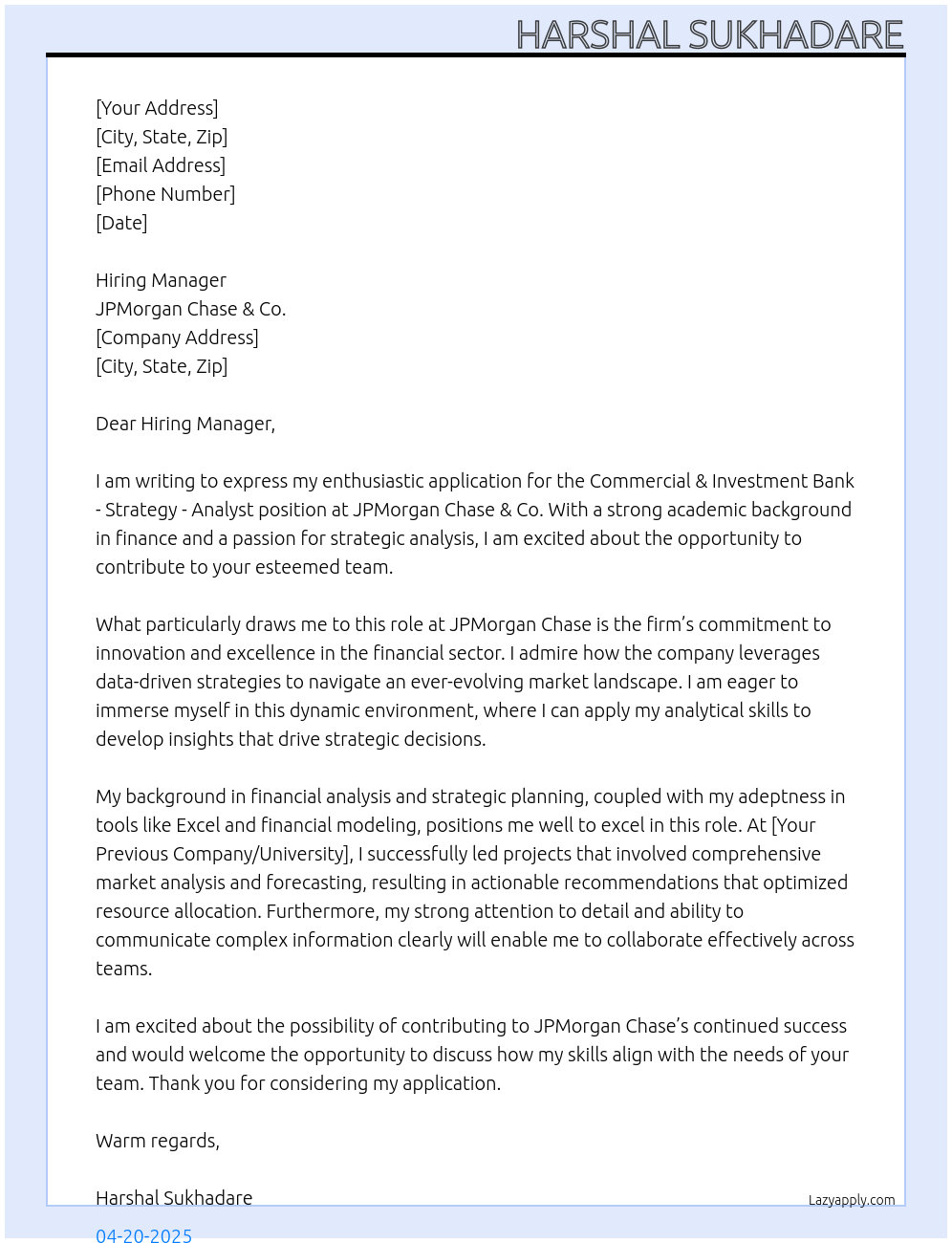 Commercial & Investment Bank - Strategy - Analyst At JPMorgan Chase & Co Cover Letter