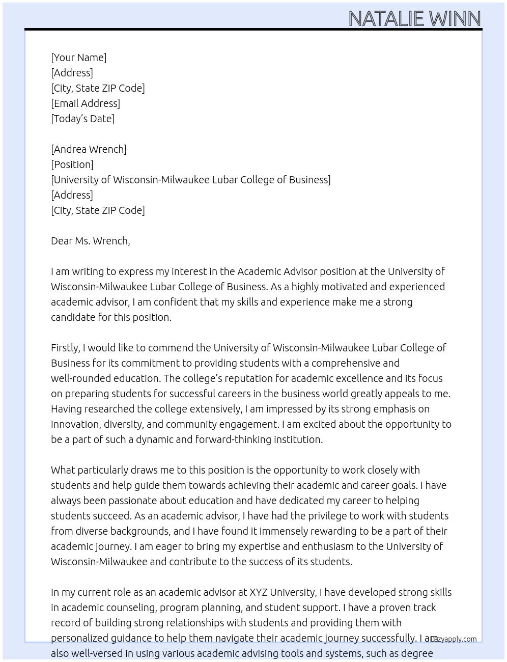 Academic Advisor At University of Wisconsin-Milwaukee Lubar College of Business Cover Letter