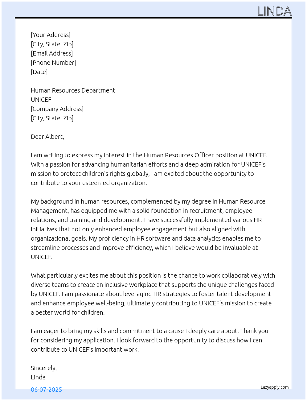 Human Resources Officer At UNICEF Cover Letter