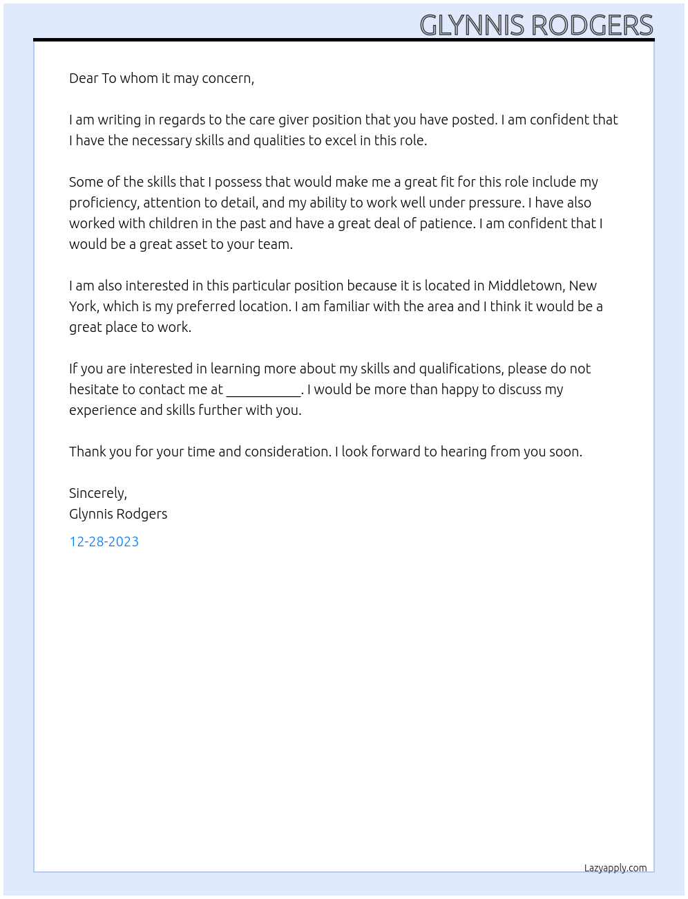 care giver At To whom it may concern Cover Letter