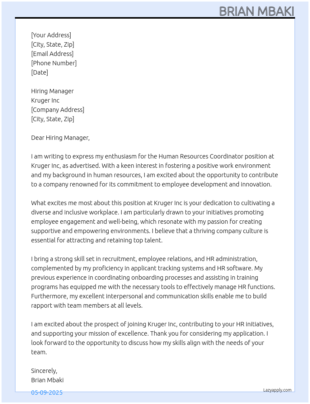 Human Resources Coordinator At Kruger Inc Cover Letter