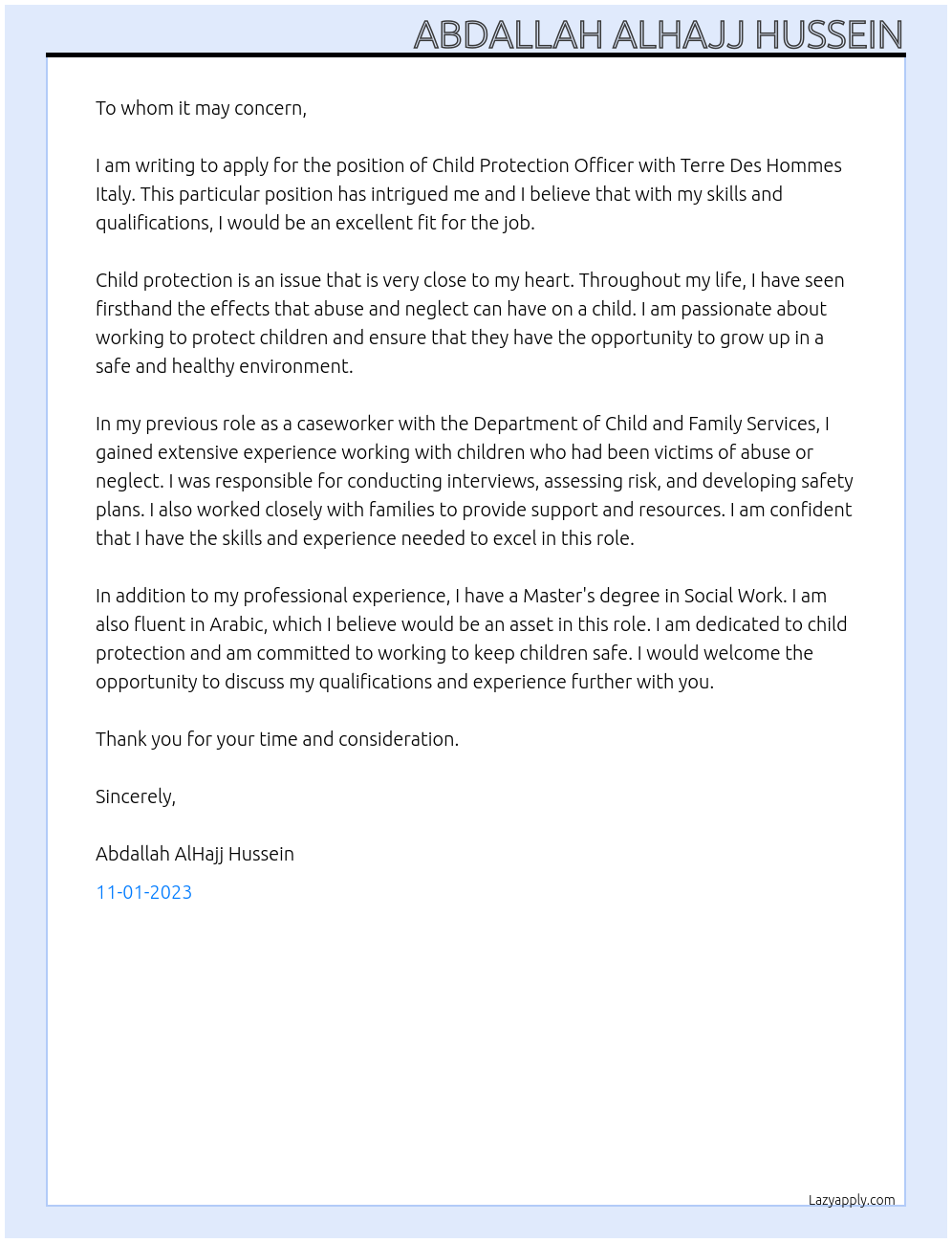 Child protection officer At Terre Des Hommes Italy Cover Letter