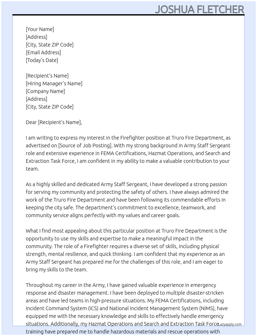 Firefighter At Truro Fire Department Cover Letter