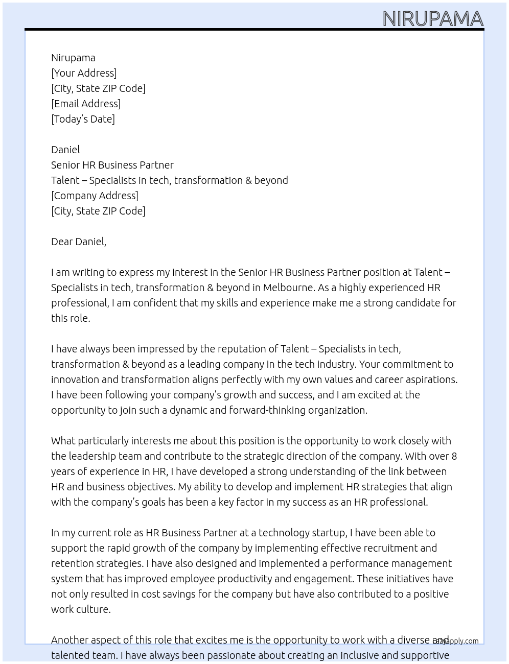 Senior HR Business Partner At Talent – Specialists in tech, transformation & beyond Cover Letter