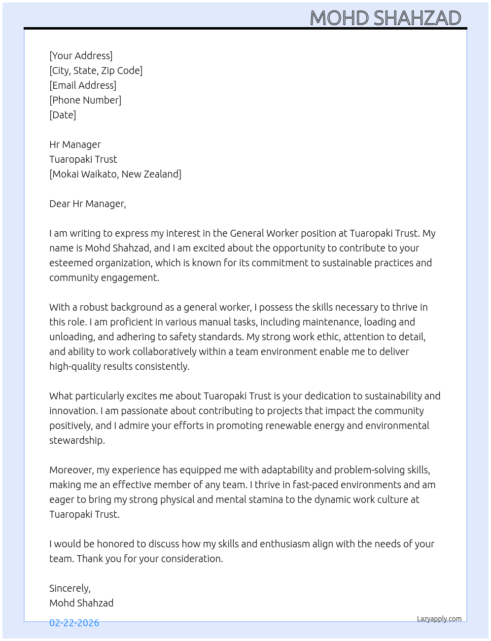 General worker At Tuaropaki Trust Cover Letter