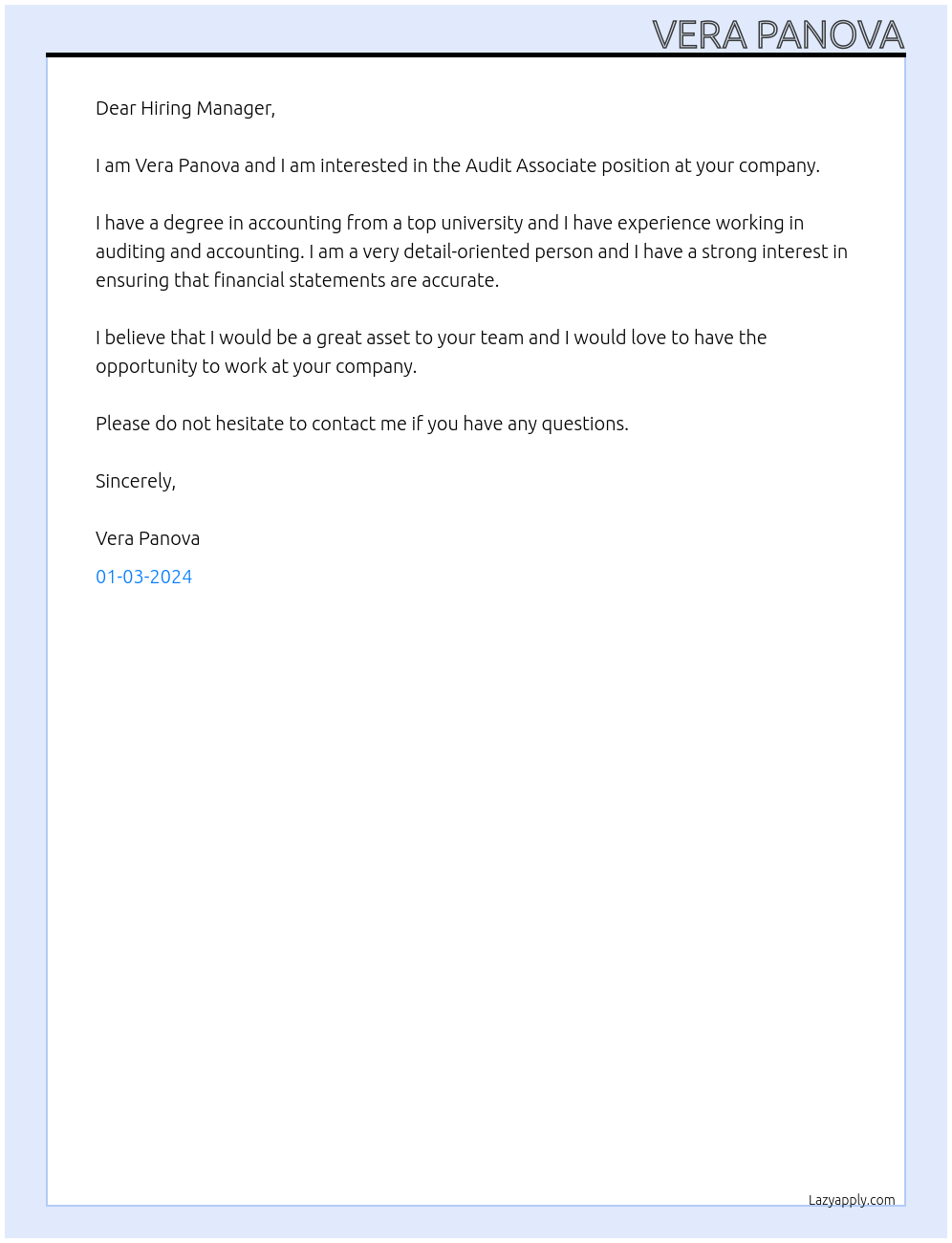 Audit Associate At your company Cover Letter