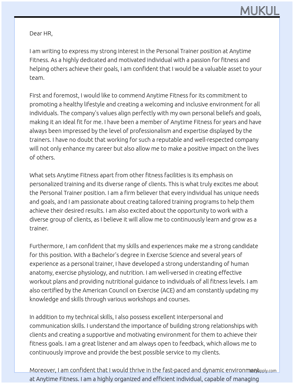 personal trainer At anytime fitness Cover Letter