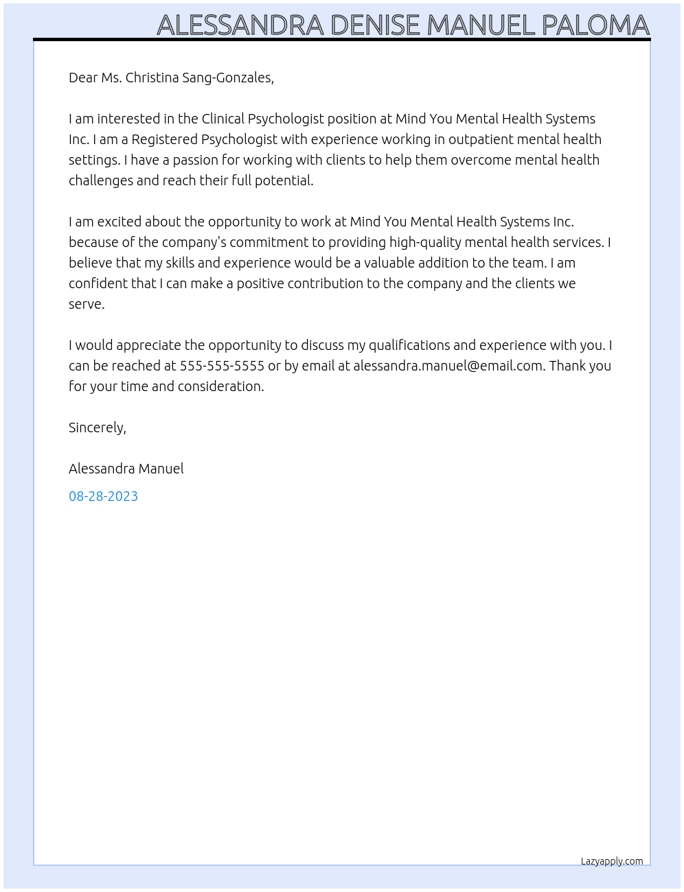 Clinical Psychologist At Mind You Mental Health Systems Inc. Cover Letter