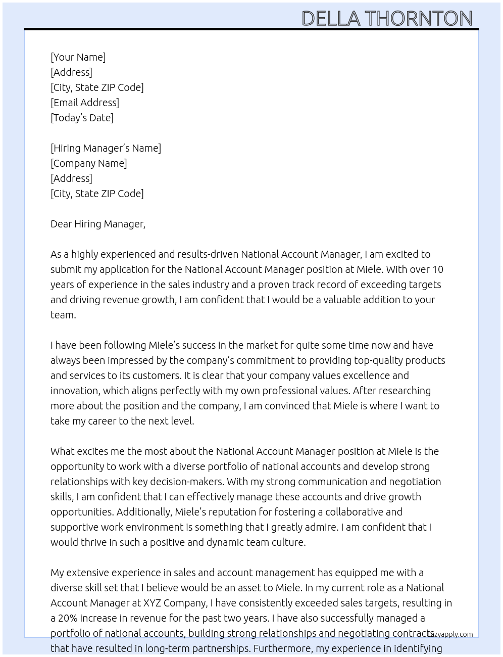 National Account Manager At Miele Cover Letter