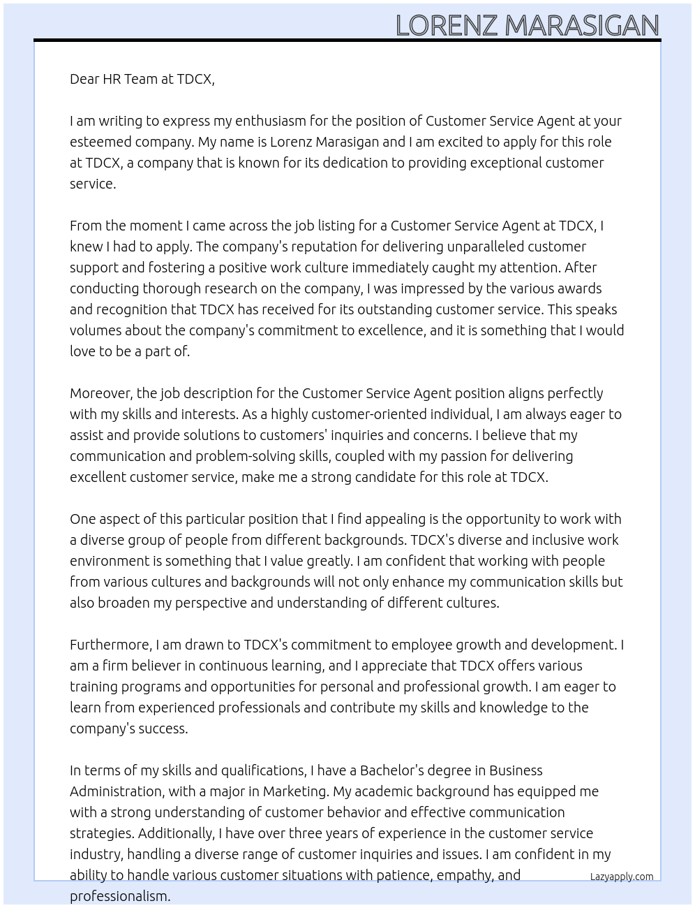 Customer Service Agent At TDCX Cover Letter