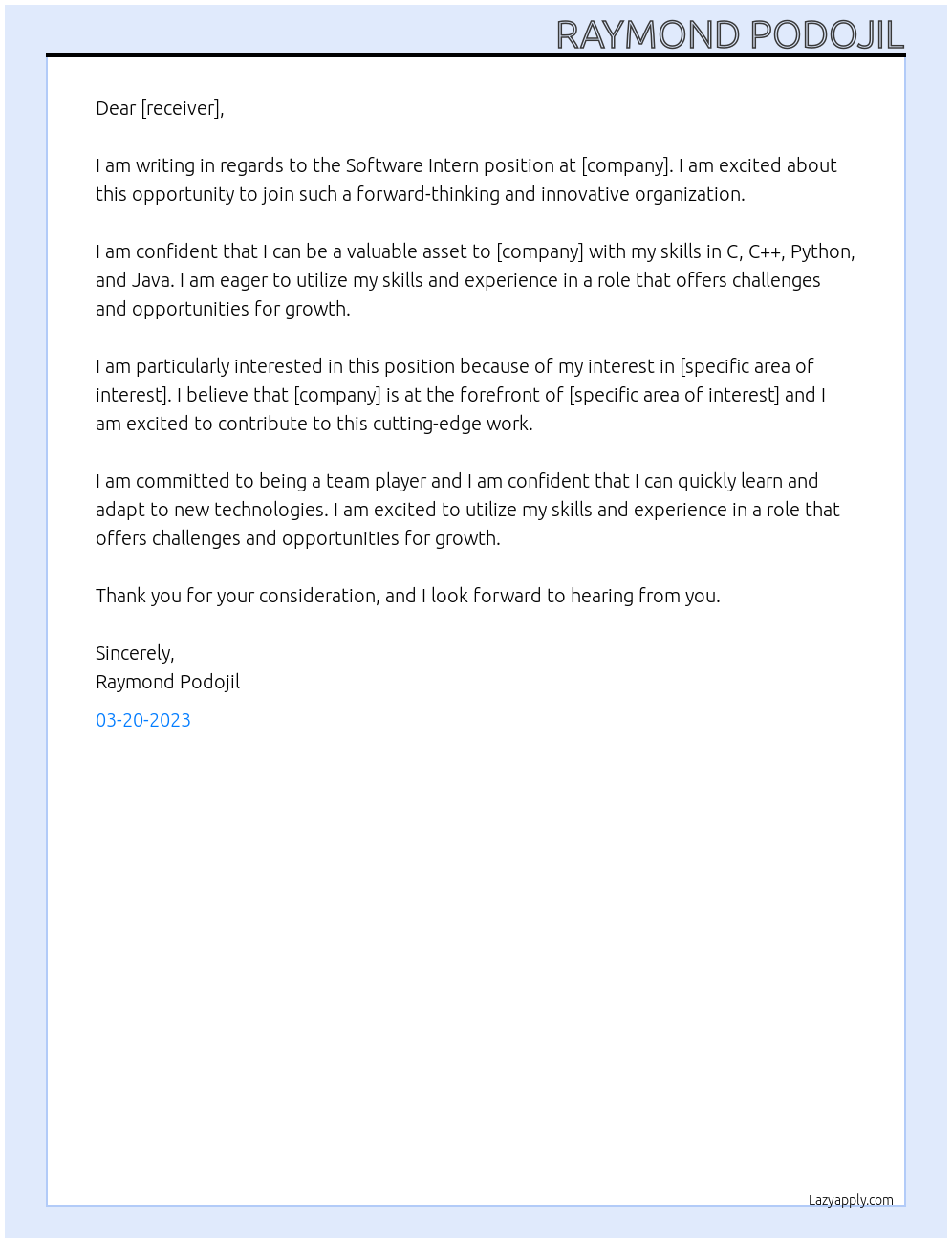 Software Intern At [company] Cover Letter