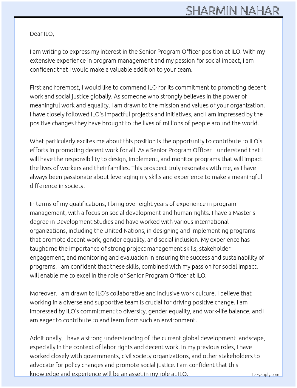 Senior program officer  At ILo Cover Letter