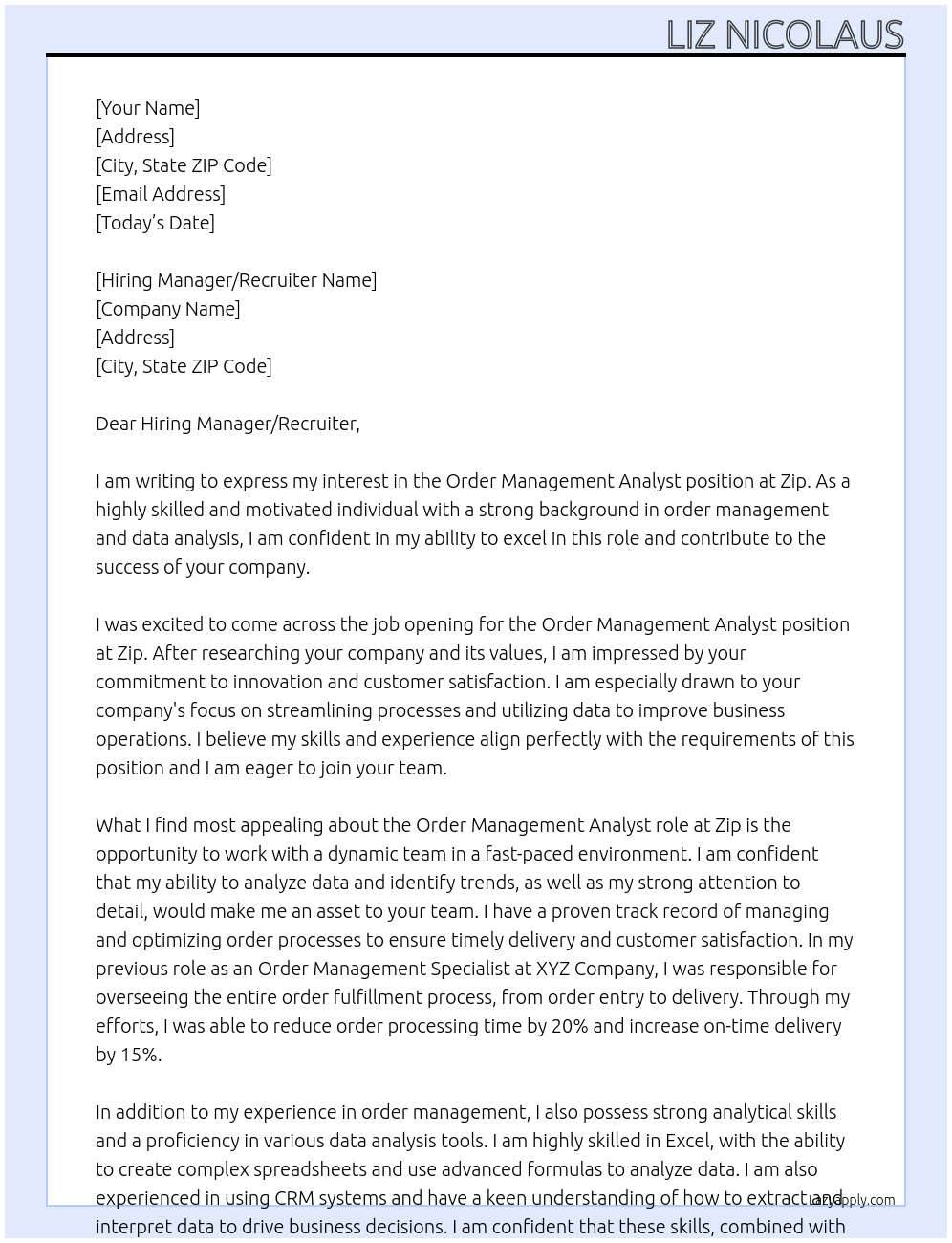 Order Management Analyst At Zip Cover Letter