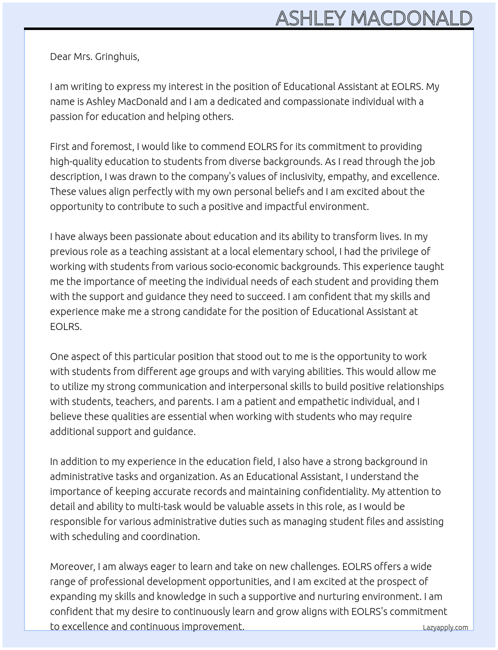 Educational Assistant At EOLRS Cover Letter