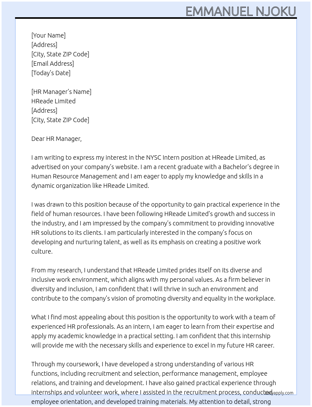 NYSC Intern At HReade Limited Cover Letter