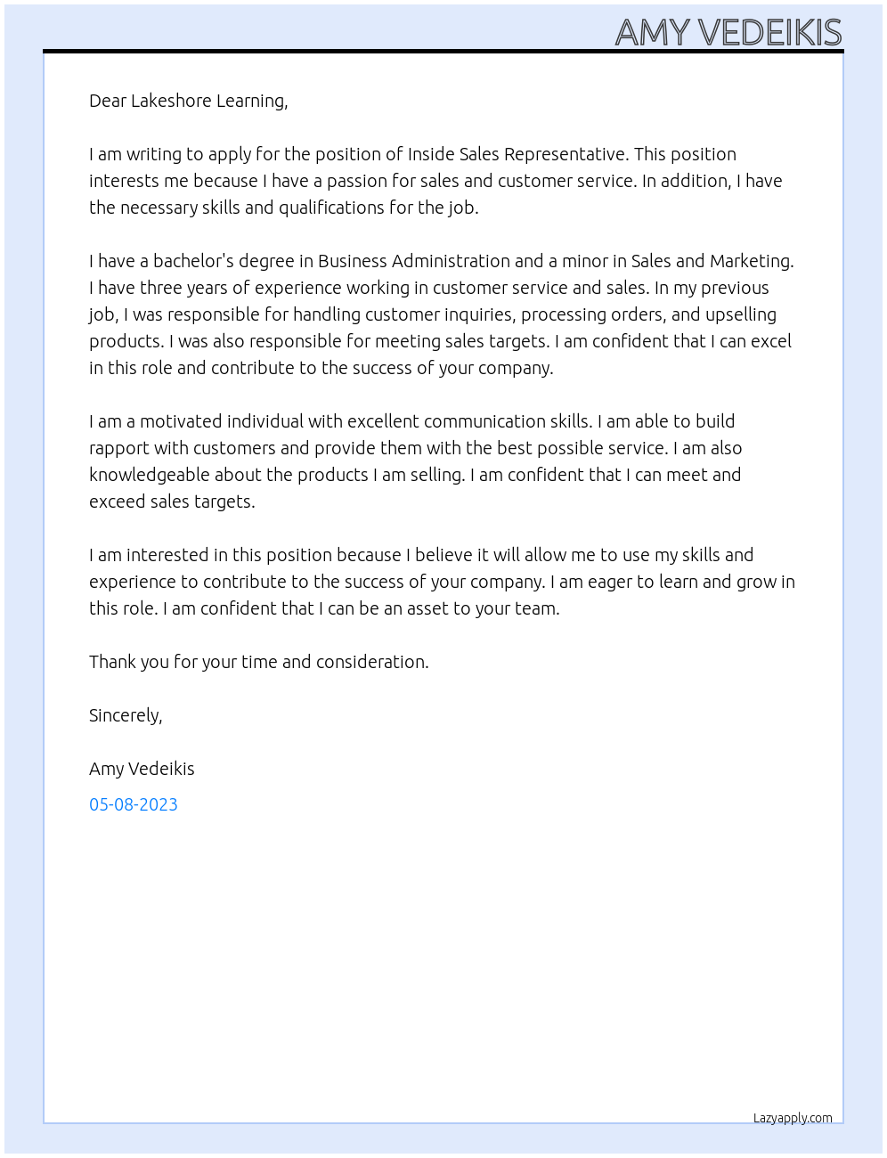 Inside Sales Representative At Lakeshore Learning Cover Letter