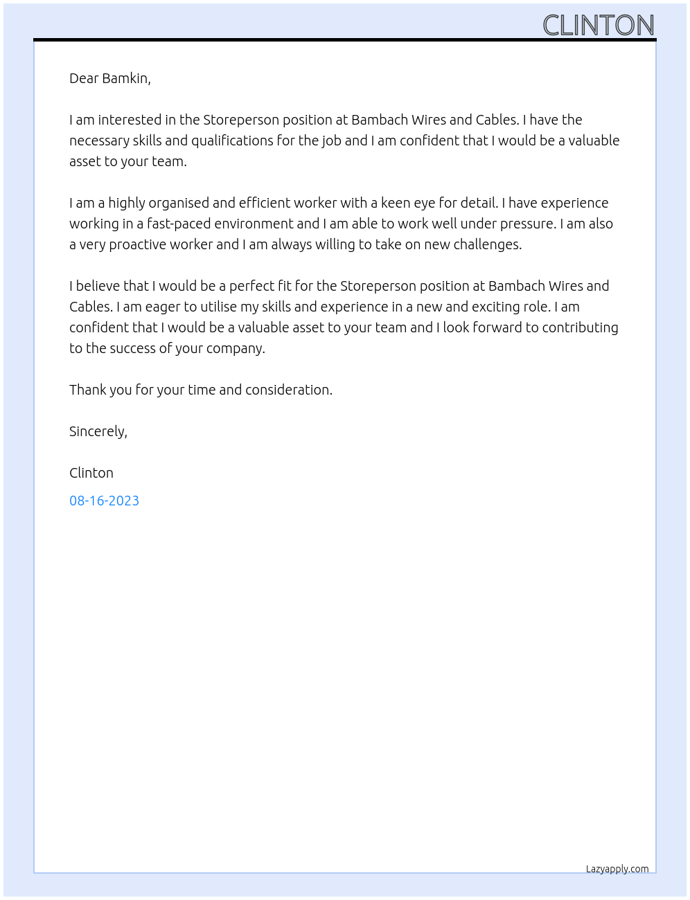 Storeperson At Bamkin Cover Letter