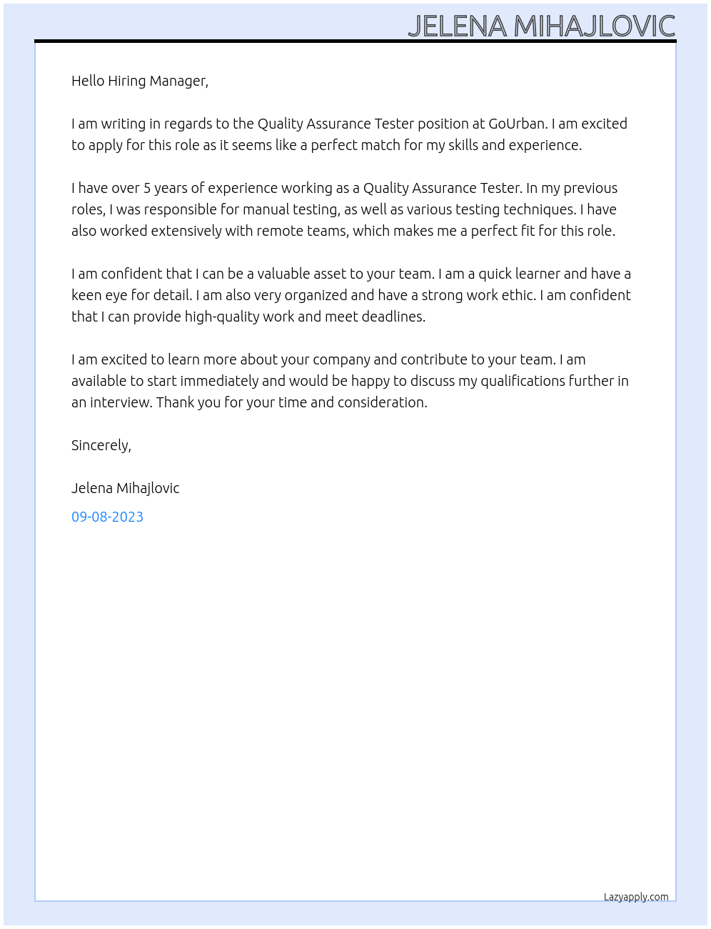 Quality Assurance Tester At GoUrban Cover Letter