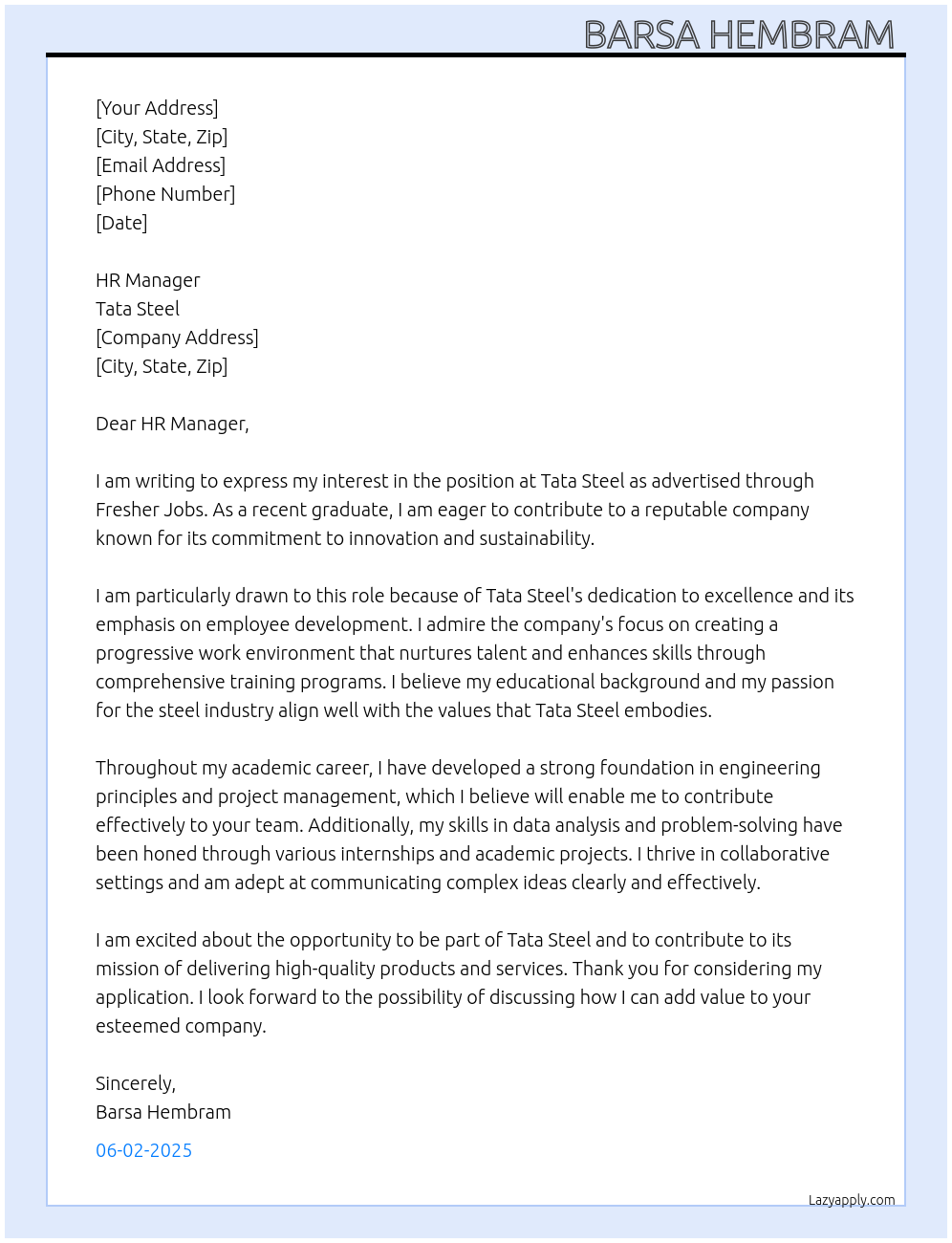 Tata steel  At Fresher jobs  Cover Letter