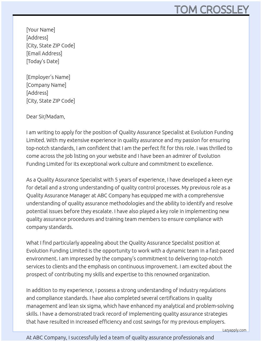Quality Assurance Specialist At Evolution Funding Limited Cover Letter
