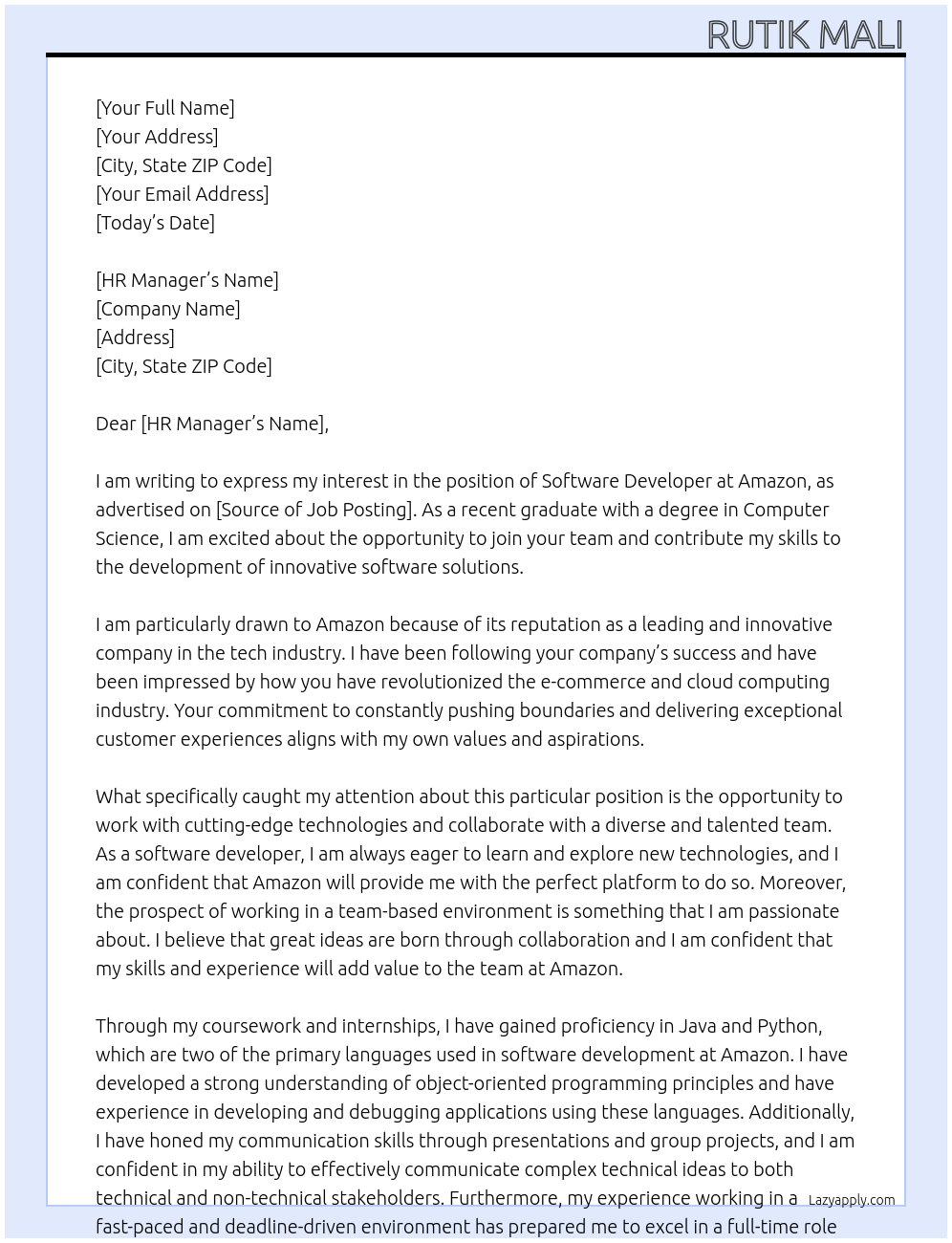 Software developer fresher At Amazon Cover Letter