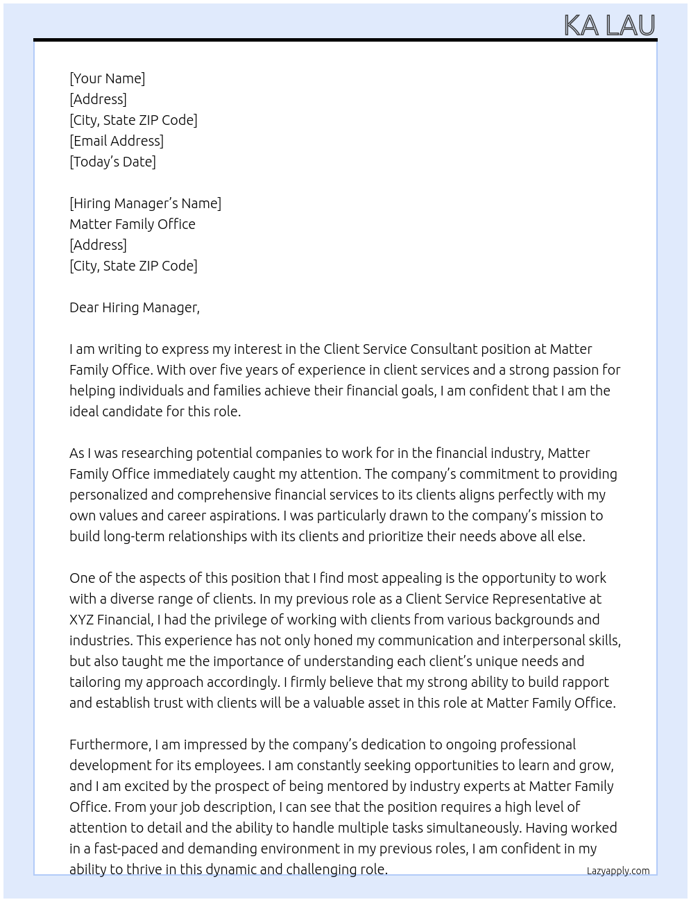Client Service Consultant At Matter Family Office Cover Letter