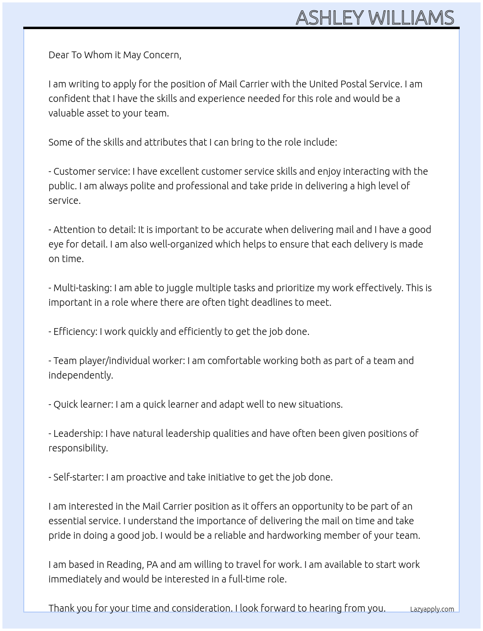 Mail Carrier At United Postal Service  Cover Letter