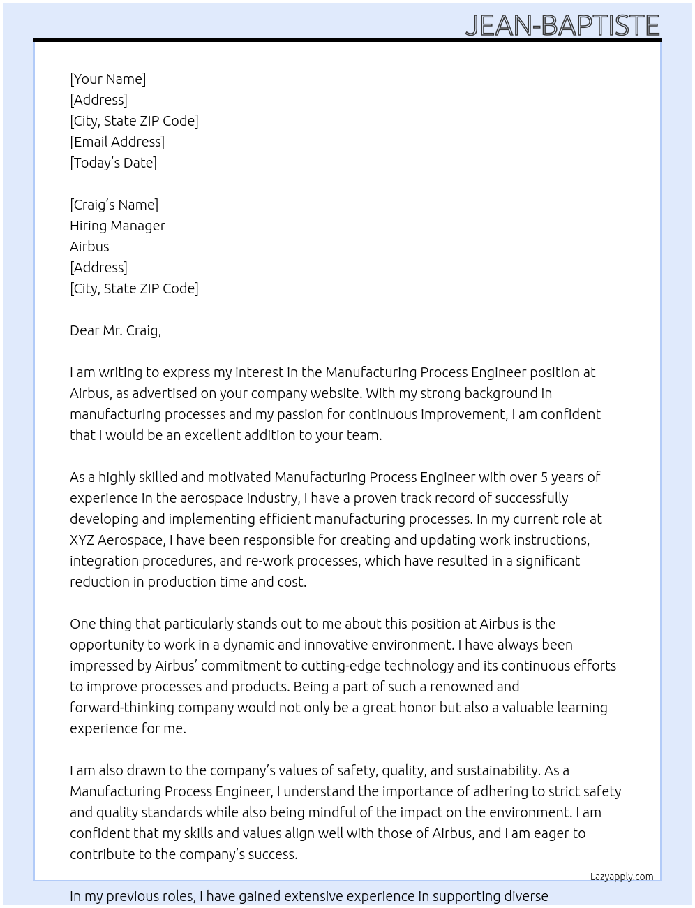Manufacturing Process Engineer At Airbus Cover Letter