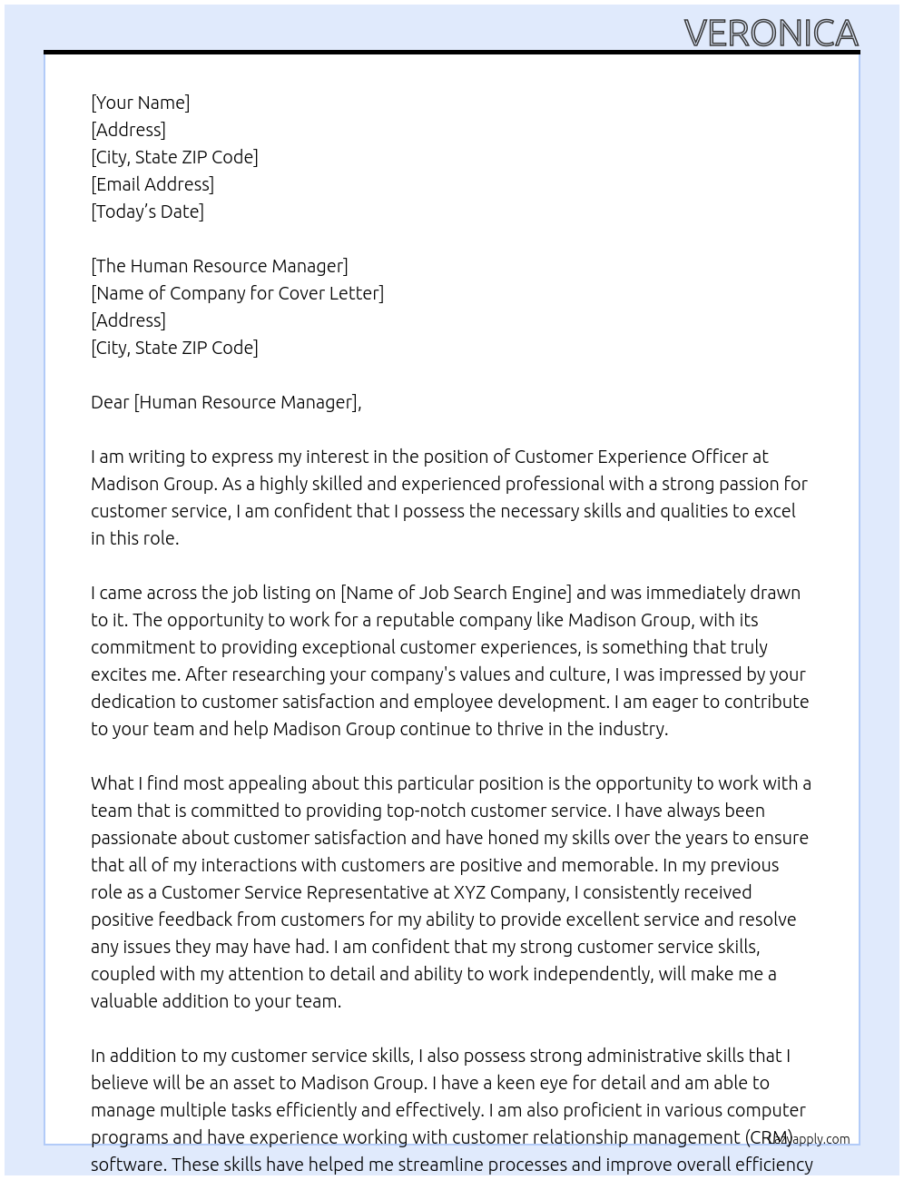 CUSTOMER EXPERIENCE OFFICER At MADISON GROUP Cover Letter