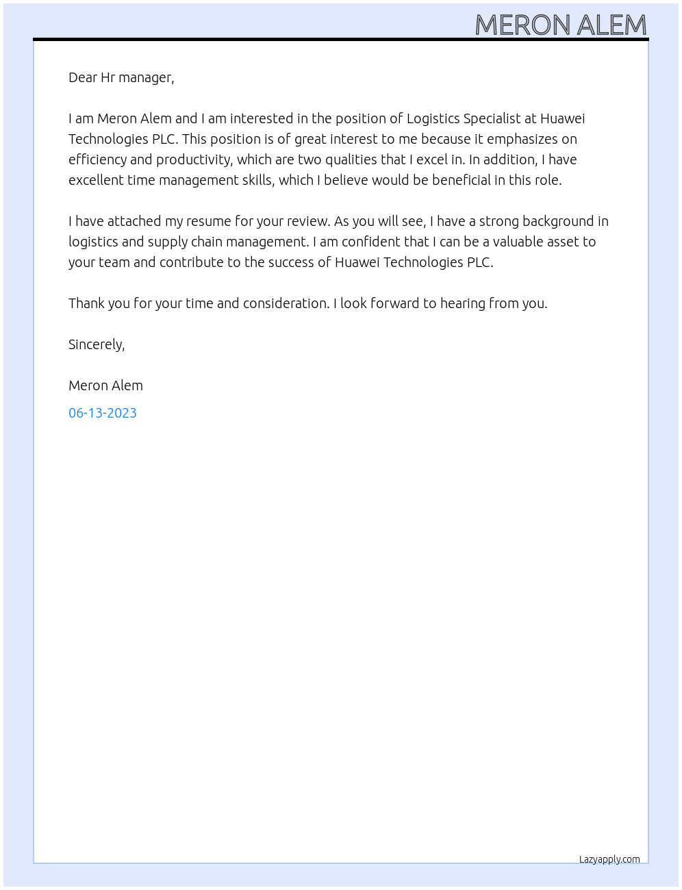 Logistics Specialist At Huawei Technologies PLC Cover Letter