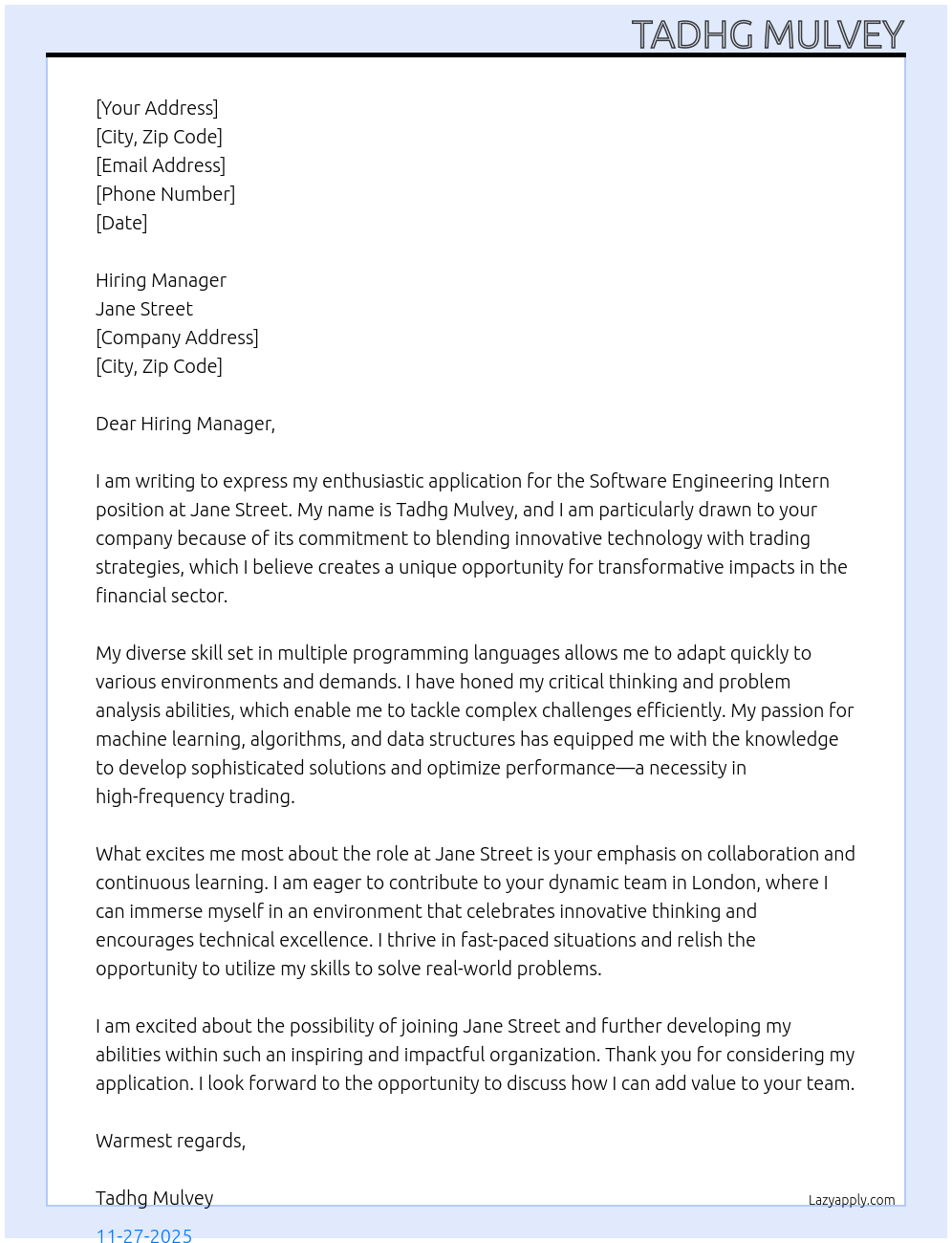 Cover letter for software engineer - LazyApply