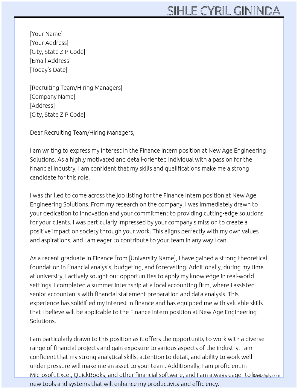 Finance intern At New Age engineering solutions Cover Letter