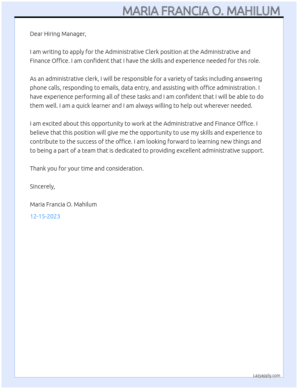 Administrative Clerk At Administrative and Finance Office Cover Letter