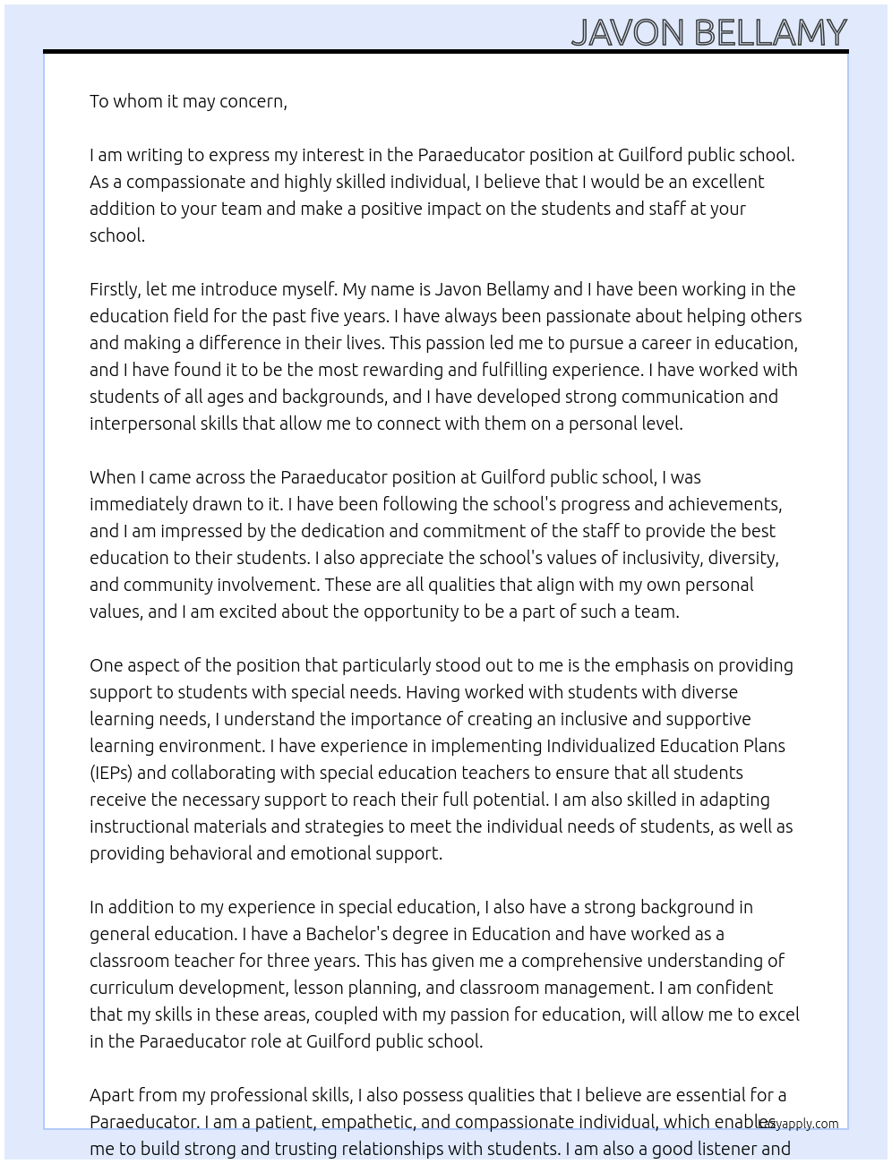 Paraeducator At Guilford public school Cover Letter