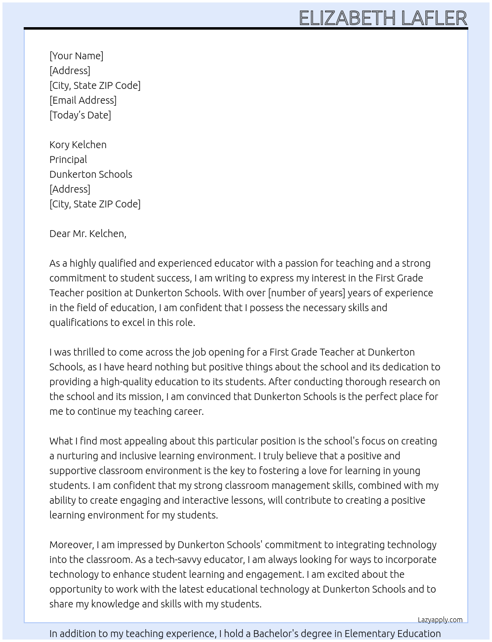 Cover letter for first grade teacher - LazyApply