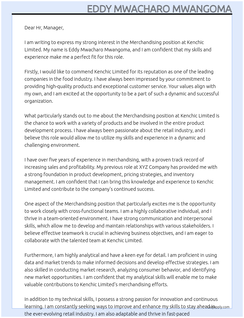 Merchandising At Kenchic Limited Cover Letter