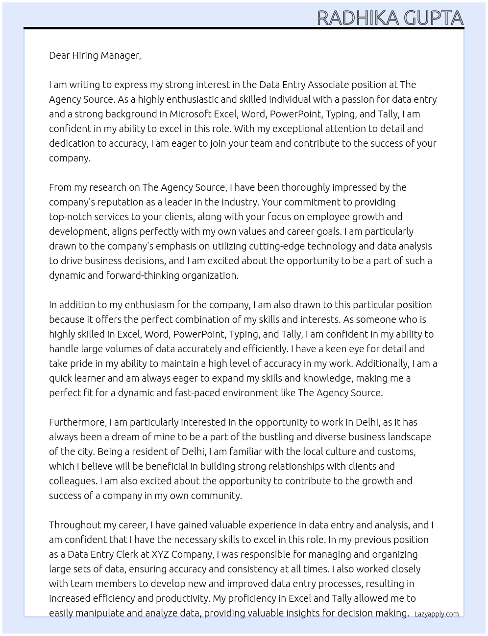 Data Entry Associate At The Agency Source Cover Letter