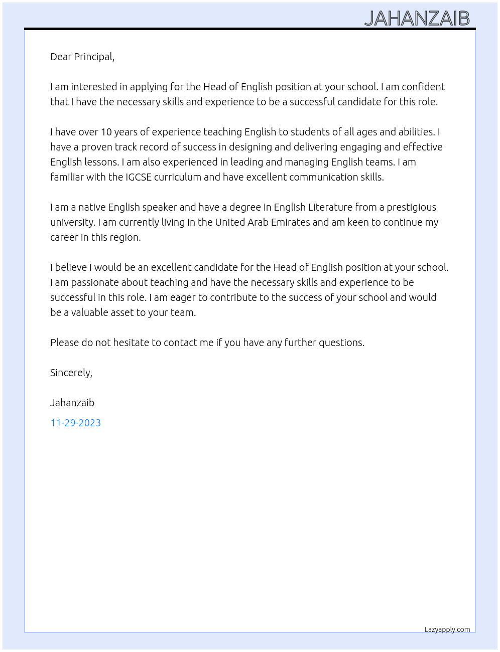 Head of English At School Cover Letter