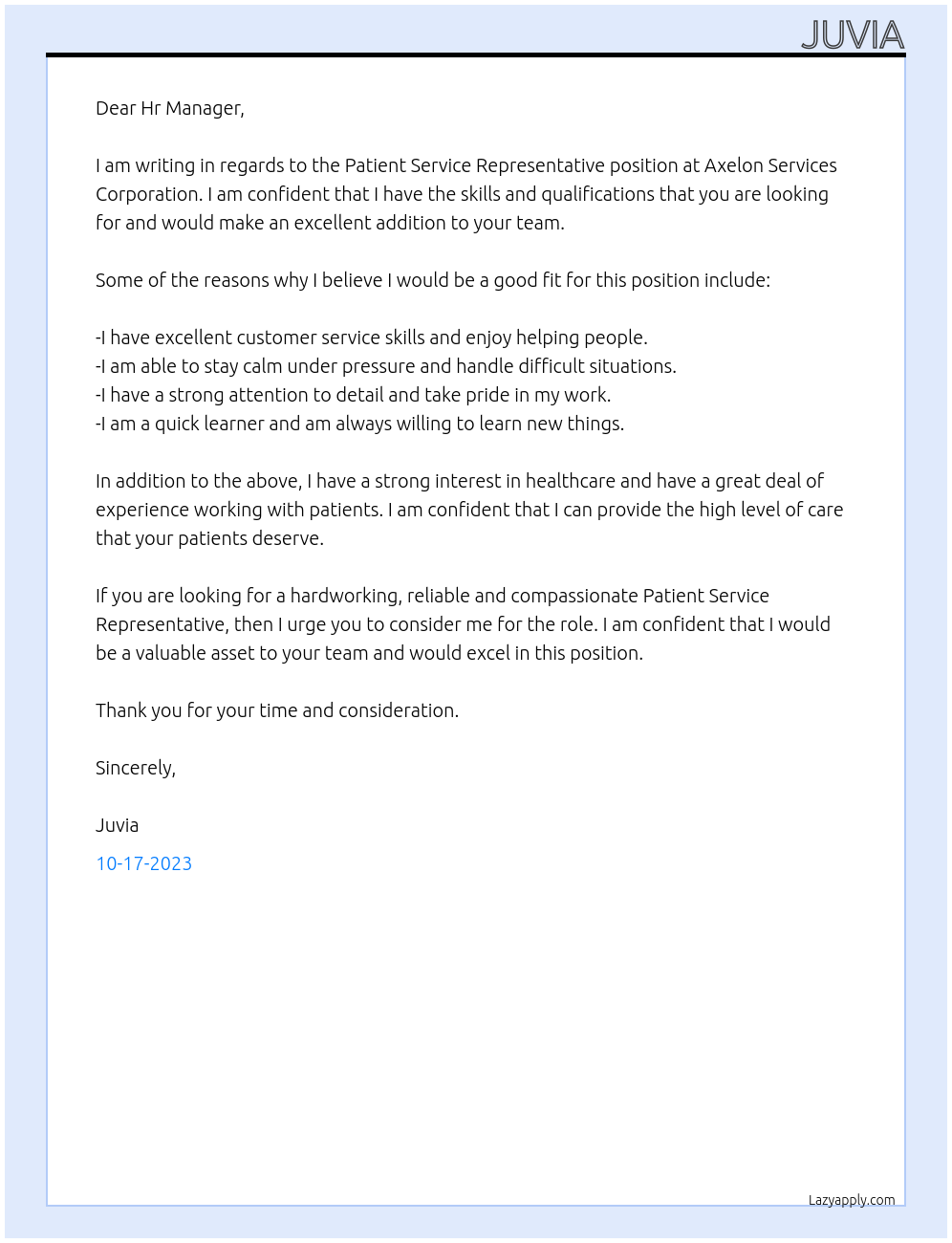 Patient Service Representative At Axelon Services Corporation Cover Letter