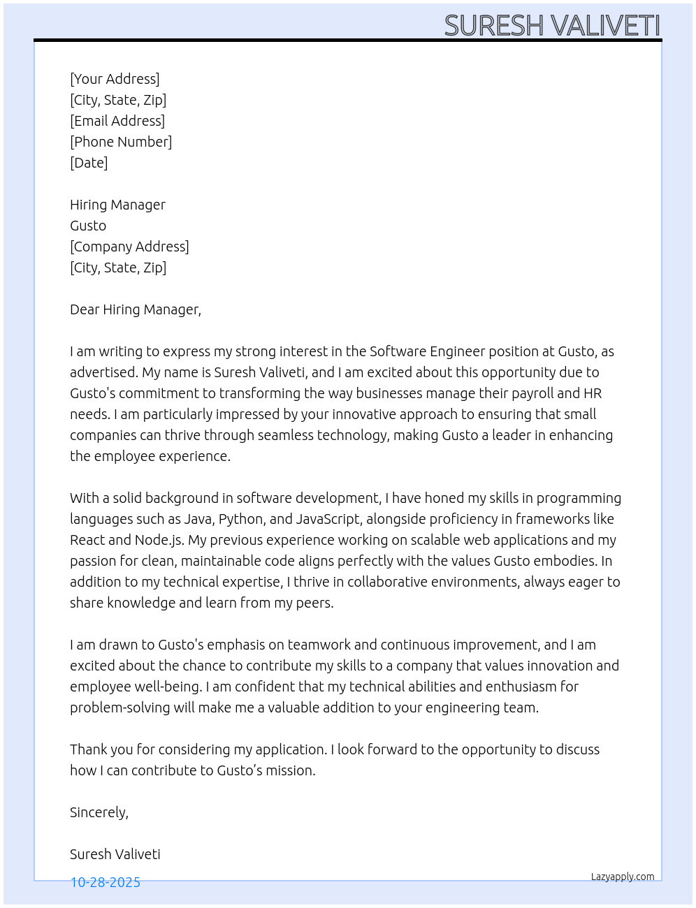 software engineer At Gusto Cover Letter