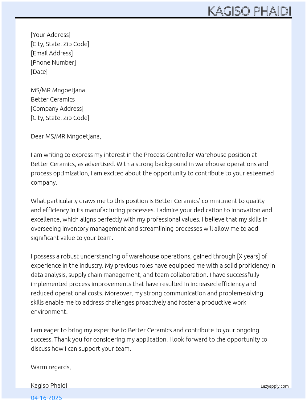 Process controller warehouse At Better ceramics Cover Letter