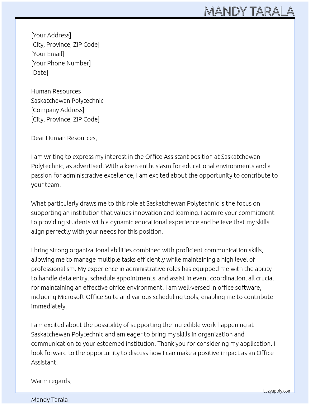 Office Assistant At Saskatchewan Polytechnic Cover Letter