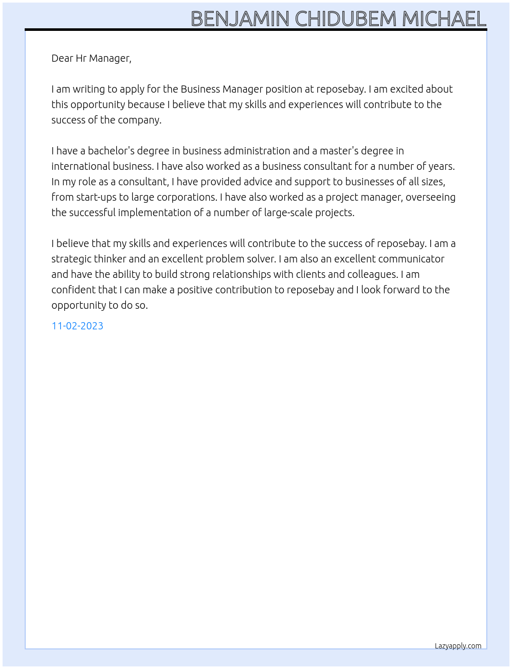 Business Manager At reposebay Cover Letter