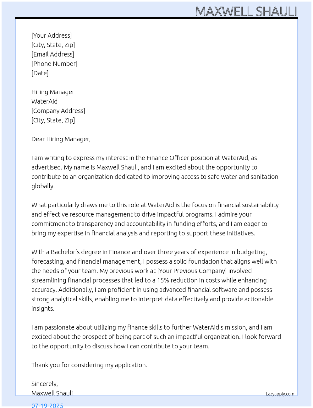 Finance officer At WaterAid Cover Letter