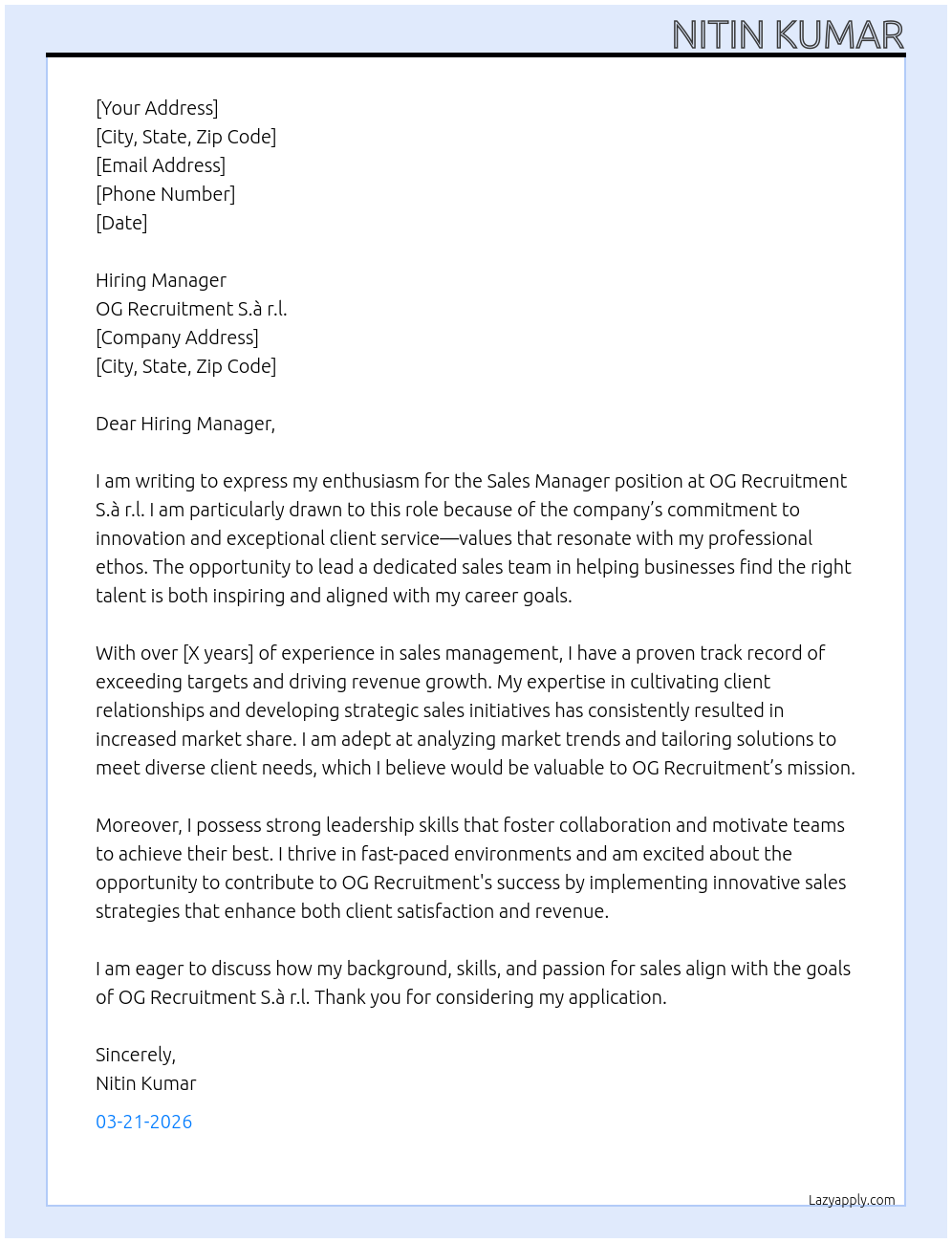 Cover letter for sales manager - LazyApply