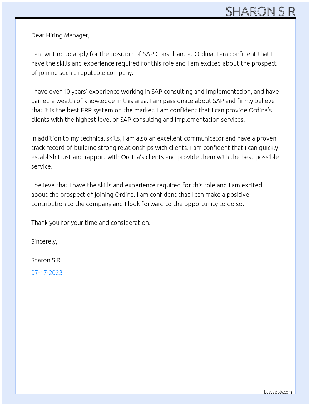 Sap  Consultant  At Ordina Cover Letter