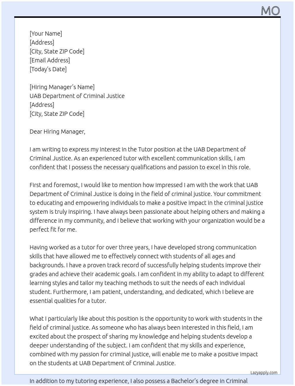 Tutor At UAB Department of Criminal Justice Cover Letter