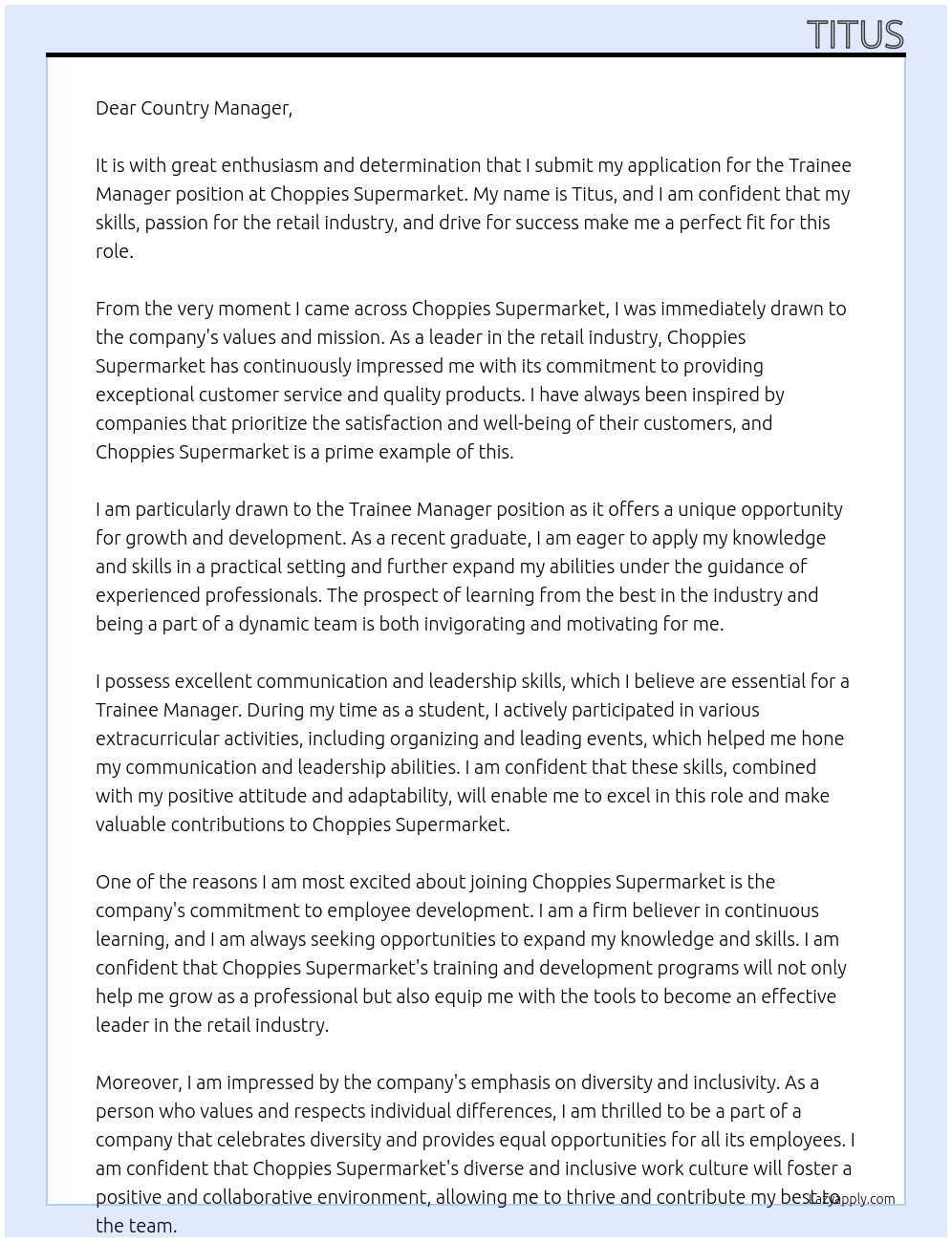 Trainee Manager At Choppies Supermarket Cover Letter